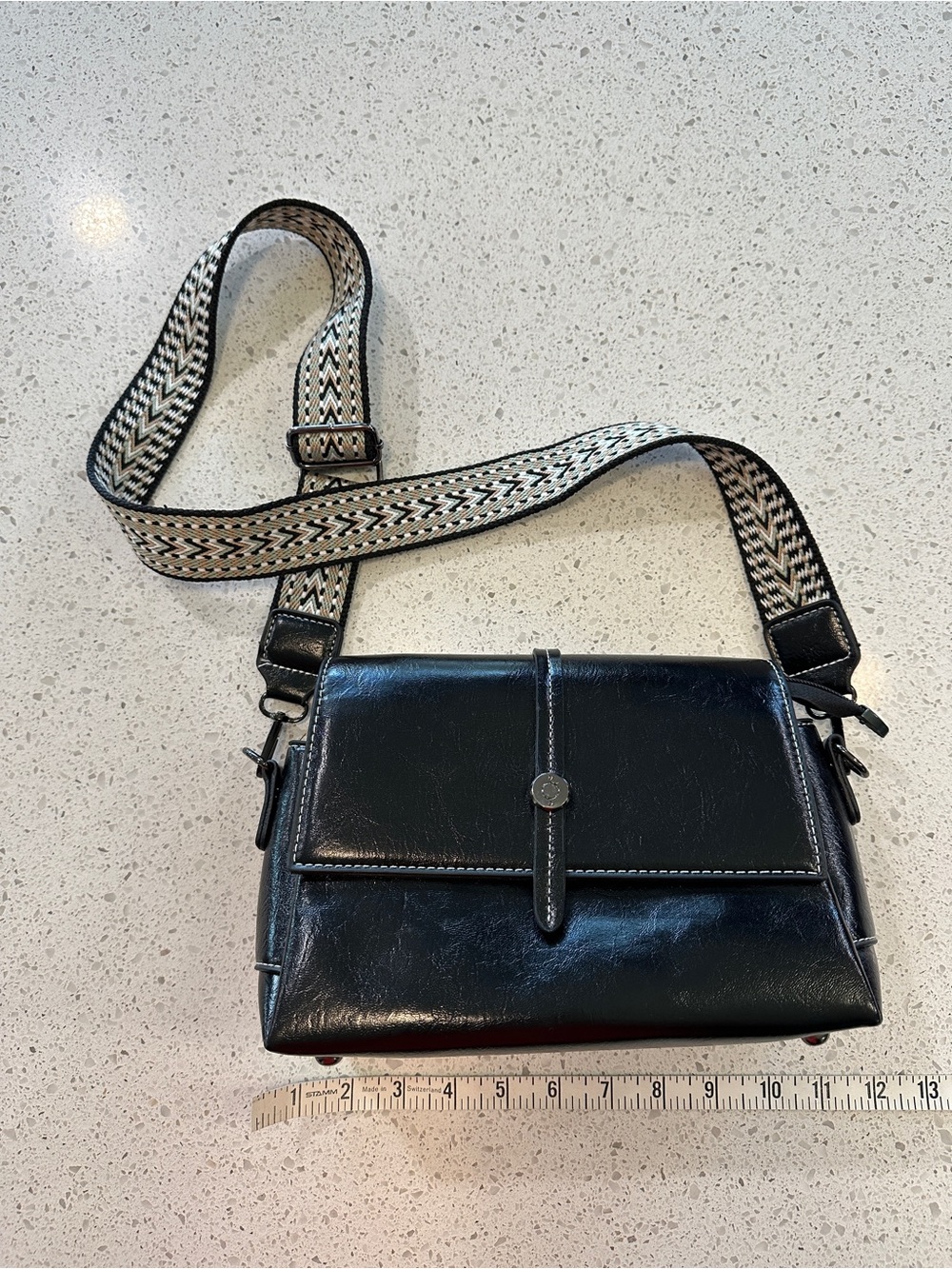 Black Crossbody Leather Bag with Patterned Strap